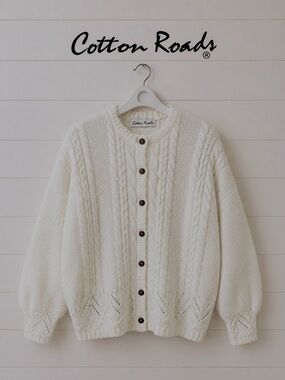COTTON ROAD VINTAGE – White Cable Knit Cardigan – Oversized L